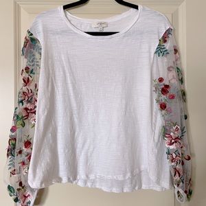 White Shirt with Sheer Floral sleeves